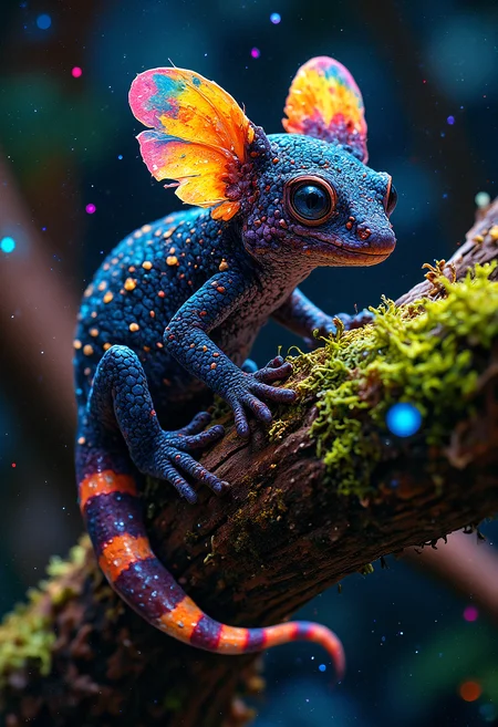 depth of field, A midnight black shiny scaled Gecko crawling on a moss covered branch, huge wing like rainbow colored ears, striped golden trimmed tail, fantasy, vibrant glow, glowing particles floating, bokeh, vignette