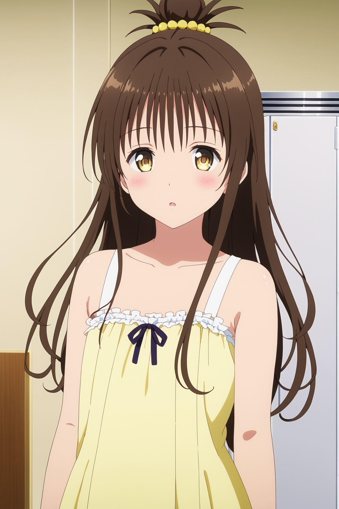 masterpiece, best quality, very aesthetic, absurdres
1girl, yuuki mikan, brown hair, yellow eyes, hair ornaments, long hair, topknot, wavy hair, small breasts, anime screencap, blush, looking_at_viewer, full body,
 <lora:Yuuki_Mikan_v1_Pony:1>
