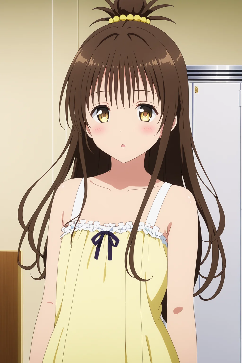 masterpiece, best quality, very aesthetic, absurdres
1girl, yuuki mikan, brown hair, yellow eyes, hair ornaments, long hair, topknot, wavy hair, small breasts, anime screencap, blush, looking_at_viewer, full body,
 <lora:Yuuki_Mikan_v1_Pony:1>
