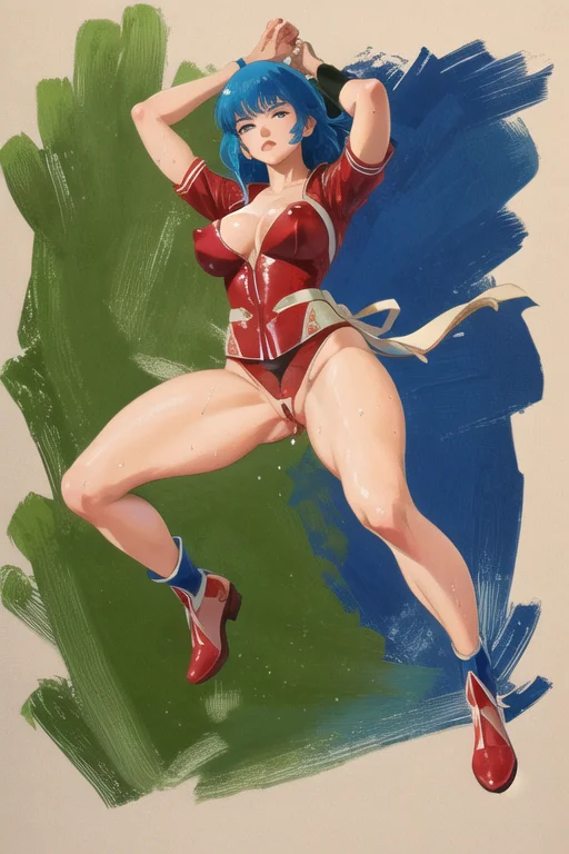 masterpiece, best quality,tomonorikogawa,<lora:TomonoriKogawa:1>,1980s (style),science fiction,painting (medium), ((large breasts)), thick thighs, wet clothes, puffy nipples, pubic tattoo, pubic hair, whore,clothe