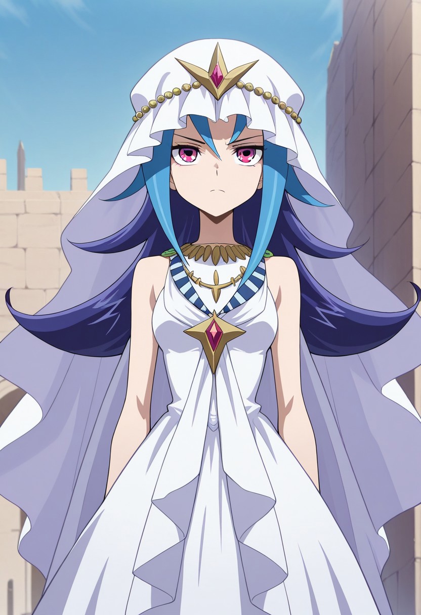 masterpiece,best quality,amazing quality, source_anime,
rioKamishi, 1girl, solo, pink eyes, multicolored hair, purple hair, blue hair, long hair, veil, dress, white dress, sleeveles, jewelry, necklace, serious,
outdoor,