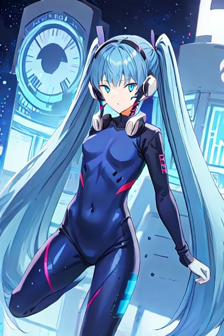 solo, 1girl, solo_focus, 
hermit mio, long hair, blue eyes, twintails, very long hair, blue hair, facial mark,, headphones, gloves, bodysuit, covered navel, pilot suit,
