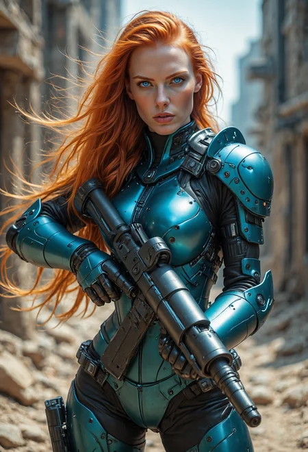 a highly detailed photograph of a young woman with a futuristic, sci-fi aesthetic, she has long, flowing, red hair, styled in a sleek, asymmetrical manner, her skin is fair and smooth, with a slight blush on her cheeks, giving her a youthful and confident appearance, she wears a form-fitting, teal-colored bodysuit with high collar and shoulder pads, reminiscent of a futuristic suit, her outfit is complemented by black gloves and a black tactical vest, she holds a large, black, futuristic rifle in her right hand, with the barrel pointing towards the viewer, the background depicts a rocky, ancient cityscape with crumbling stone buildings and a clear blue sky, suggesting a warm, sunny day, the texture of her suit is smooth and reflective, enhancing the metallic sheen of her armor, the overall mood is intense and action-packed, emphasizing the character's readiness for action