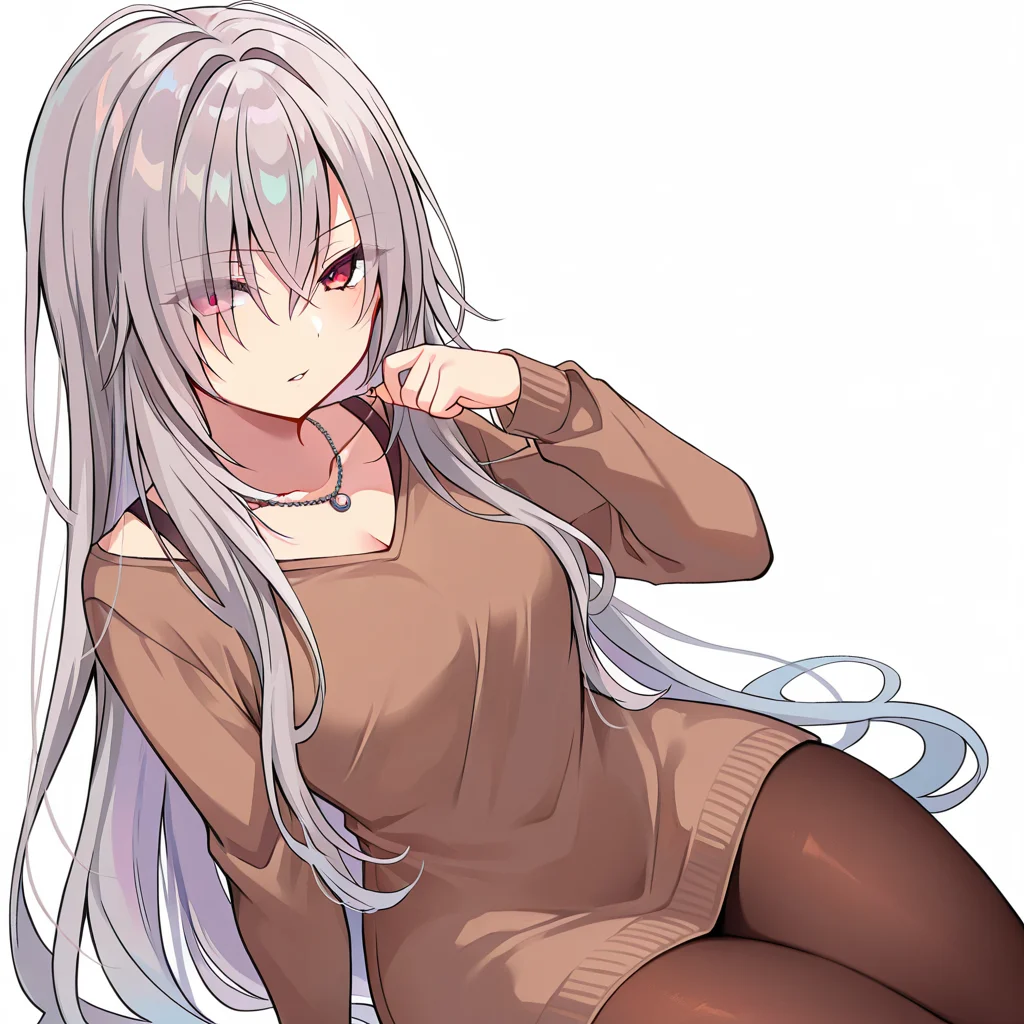 white background, thighs,
long hair,grey hair,red eyes,very long hair,bangs,eyes visible through hair,
jewelry,necklace,shirt,long sleeves,brown shirt,brown pantyhose,<lora:gekkaIL:1>,gekka \(gakumas\),