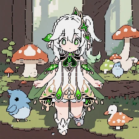 <lora:ascii-v0.8:1>ascii artwork, 1girl, nahida \(genshin impact\), forest, mushroom, bird, best quality, detailed