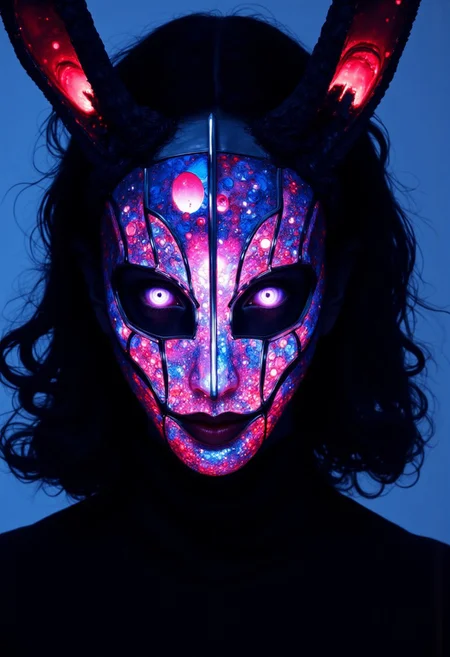 Surrealism black light Backlight, Very detailed, extreme Face Closeup of an eerie horned shinobi with a holographic crystalline Mask, iridescent blue energy lines pulsing across its surface, glowing purple-shaded eyes, atmospheric haze, Film grain, cinematic film still, shallow depth of field, highly detailed, high budget, pastel Neon pink and deep red