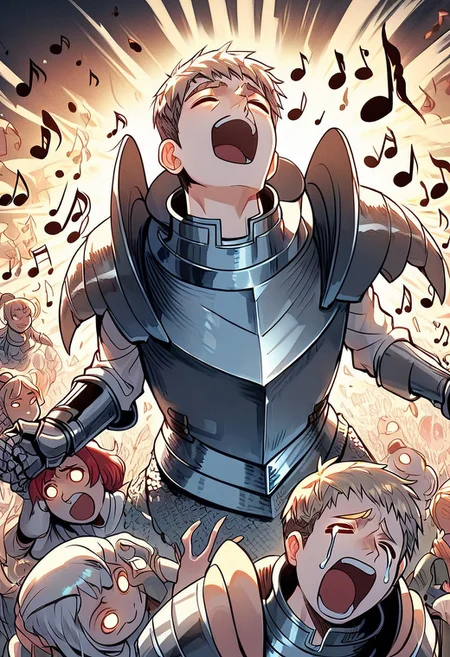 (score_9,score_8_up,score_7_up,best quality,masterpiece,beautiful eye),
laios thorden, laios original outfit, 1boy, male focus, armor, shoulder armor, pauldrons, yellow eyes, plate armor, gauntlets, vambraces,
bad singing,crowd,happy,grimace,hands on own ears,music,noisy musical note,crying,
multiple girls,screaming,closed eyes,blank_eyes,holding microphone,
city,
Mermaids,red hair,
.
