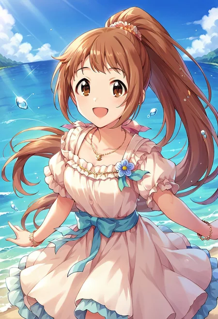 score_9, score_8_up, score_7_up, source_anime,wakabayashi tomoka, long hair, brown hair, ponytail, brown eyes, 1girl, dress, outdoors, solo, jewelry, necklace, bracelet, smile, ocean, open mouth, looking at viewer, sky, short sleeves