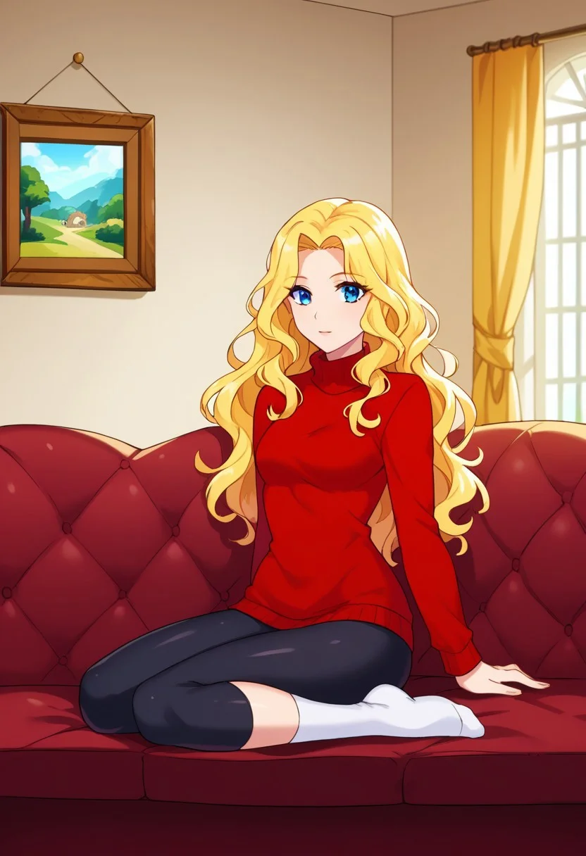 1girl, solo, alone, score_9, score_8_up, score_7_up, masterpiece, high quality, source_anime, very detailed, full color picture, vibrant colors, solo, alone, pretty, adult, woman, 
NatFEH, blonde hair, long hair, blue eyes, red sweater, black leggings, white socks,
facing forward, sitting down, on couch, coffee table, living room, full body, cozy old house, beautiful background, bright,