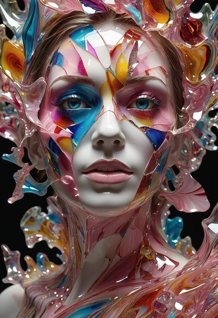 made out of,colorful,liquid,Murano Art glass,
A forgotten relic of a dream. Focus on a shattered pink mask , fragments held together by threads of light. Studio lighting catches the fractured surfaces, revealing a kaleidoscope of colors and emotions trapped within. A poignant exploration of memory and identity,elegant woman