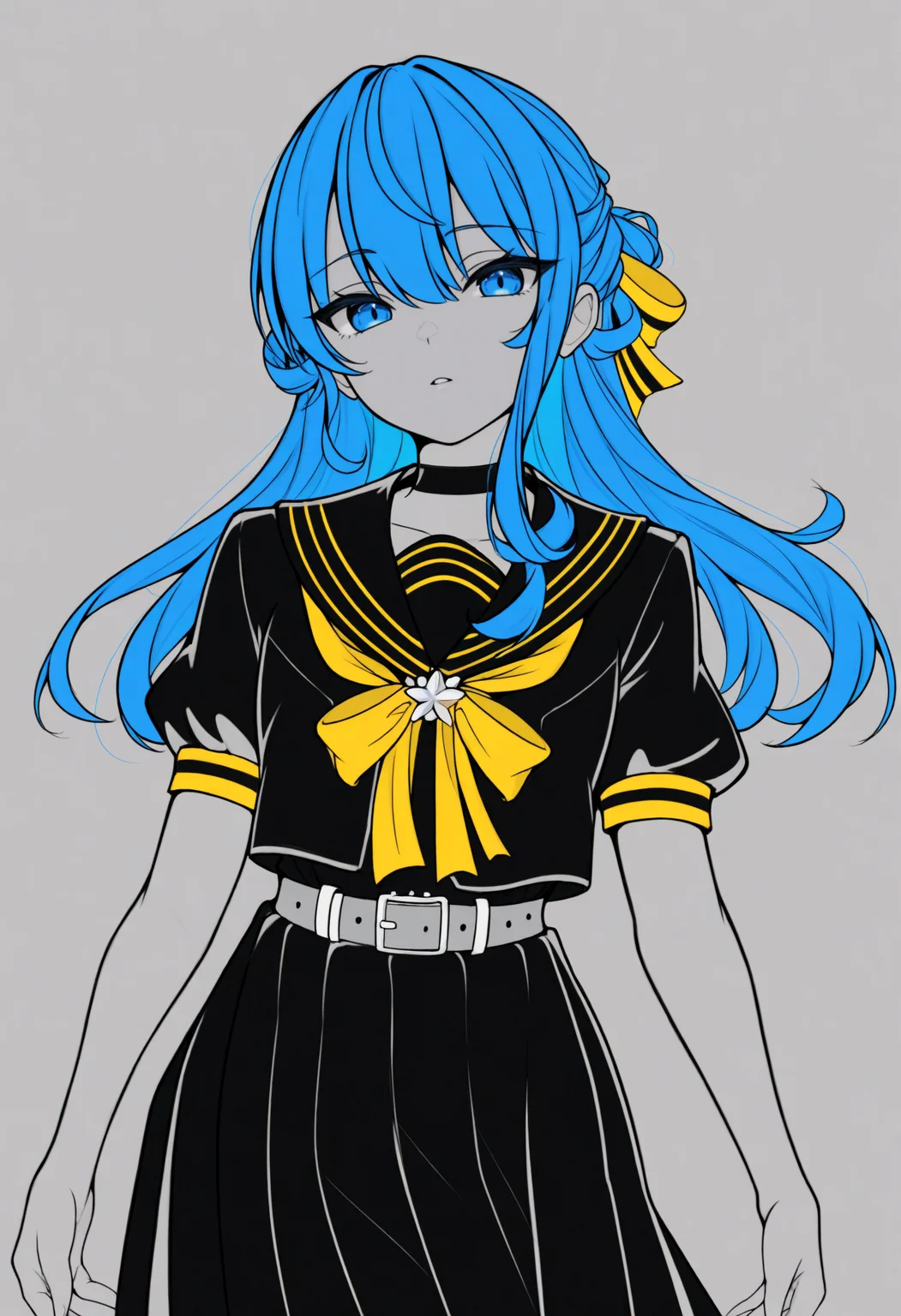 masterpiece, best quality, 1girl, solo, Su1se1Schl, blue eyes, blue hair, long hair, half updo, black serafuku, black shirt, black choker, yellow bowtie, grey belt, black skirt, short sleeves, lineart, traditional media, looking at viewer, parted lips, sketch, monochrome, spot color, limited palette, <lora:ChamHoshimachiSuiseiNoob:1>