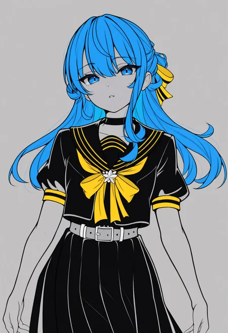masterpiece, best quality, 1girl, solo, Su1se1Schl, blue eyes, blue hair, long hair, half updo, black serafuku, black shirt, black choker, yellow bowtie, grey belt, black skirt, short sleeves, lineart, traditional media, looking at viewer, parted lips, sketch, monochrome, spot color, limited palette, <lora:ChamHoshimachiSuiseiNoob:1>