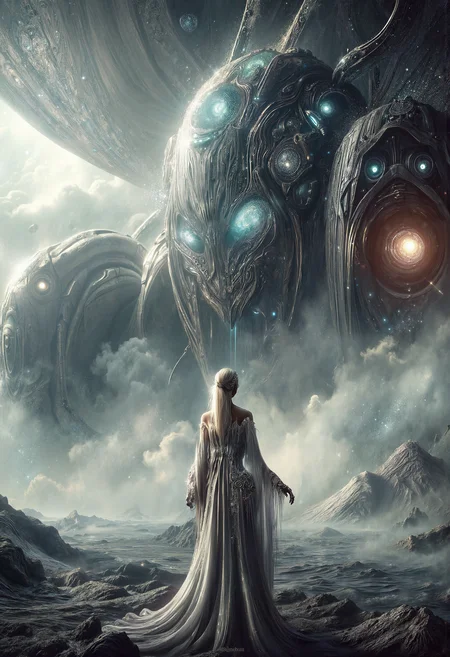 The description you've provided paints a vivid picture of a technological autobot hovering above a desolate planet with an (Iranian woman, 24-years-old) standing on the surface, looking up at the autobot with a proud expression. The woman has heterochromia eyes, double eyelid eyes shape, oval face-shape, side-swept fringe hair style, white hair color, long hair length, natural skin, detailed skin, skin pores, skin imperfections, freckles, eyes details, iris details, natural makeup, adjusting hair pose, and is wearing a bohemian dress.
With the fog and mist light surrounding the scene, the final image would have a cinematic and movie-like quality. The composition and lighting would be carefully planned to create a compelling image that tells a story and conveys emotion, mood, and narrative depth. The use of fog and mist light would add to the desolate and mysterious atmosphere of the planet, while the technological autobot would provide a stark contrast to the natural beauty of the woman and the planet.
The final image would be a professional photo, with balanced exposure and a focus on the woman's face and the autobot. The use of detailed skin, eyes, and iris details would add a level of realism and depth to the image, making it feel like a still frame from a film. The natural makeup and adjusting hair pose would add to the woman's proud and confident expression, making her the focal point of the image. Overall, the final image would be visually striking and memorable, leaving a lasting impression on the viewer.