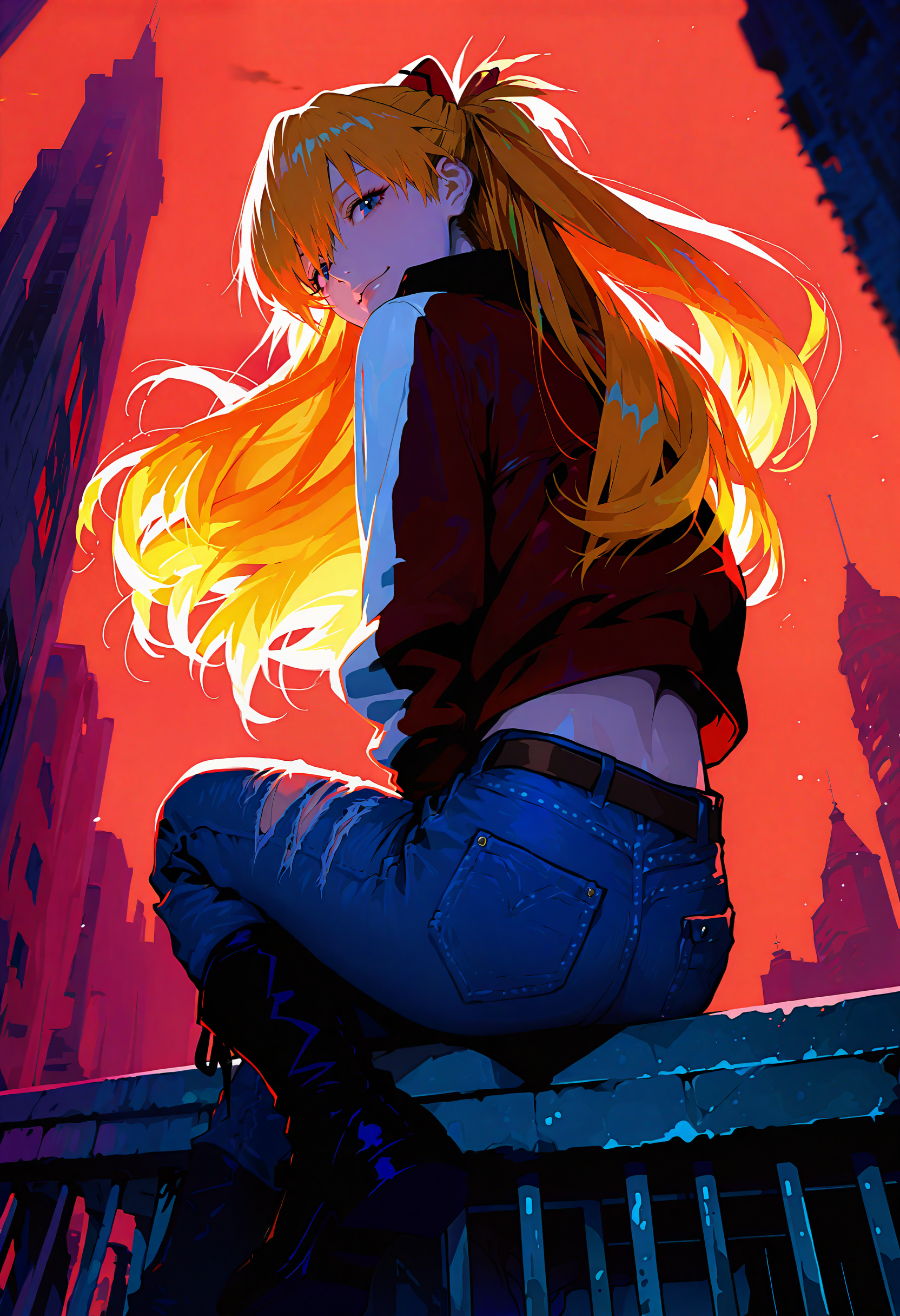 masterpiece, best quality, amazing quality, good quality, very aesthetic, absurdres, highres, by (lifeline \(a384079959\):0.6) , (dsmile:0.6) and (lack:0.6),
break
1girl, Asuka Langley Soryu, neon genesis evangelion, rebuild of evangelion, sitting on the edge of a city rooftop at twilight, overlooking a sprawling cityscape. She wears a red leather jacket, ripped jeans, and combat boots, exuding a rebellious vibe. Her auburn hair flows in the breeze as she leans back with a confident smirk. The city below is bathed in purple and orange hues, with skyscrapers reflecting the fading light. The composition captures her bold personality, framed by the dramatic skyline. from behind, looking back, from below, even framing, fullbody shot, mirrored background, ruffled clothing, looking at viewer. wind effect, floating long hair,
break
High-Definition Anime Character Detailing, Polished Anime Illustration, Japanese Artistic Style with Enhanced Clarity, Anime Ultra HD, Anime Style with Realistic Textures, Crisp Anime Lines, Vivid Anime Colors, Rich Color Palette in Anime, Smooth Shading in Anime Style, Anime with Depth of Field Effect, high contrast, Professional fashion editorial feel, ethereal, highly detailed, ultra detailed, insanely detailed, fine texture, crisp detail, crisp edges, [3d:cel shading:0.6], depth of field, bokeh, <lora:illustrious_all_rated_v1:0.6>, <lora:ponyv5_noobV065S_1_adamW:0.6>, <lora:MeMaXL4:0.6>, <lora:noobai_epred_11_artists_v11:0.6>, <lora:748cmSDXL:0.7>, <lora:spo_sdxl_10ep_4k-data_lora_webui:0.6>,