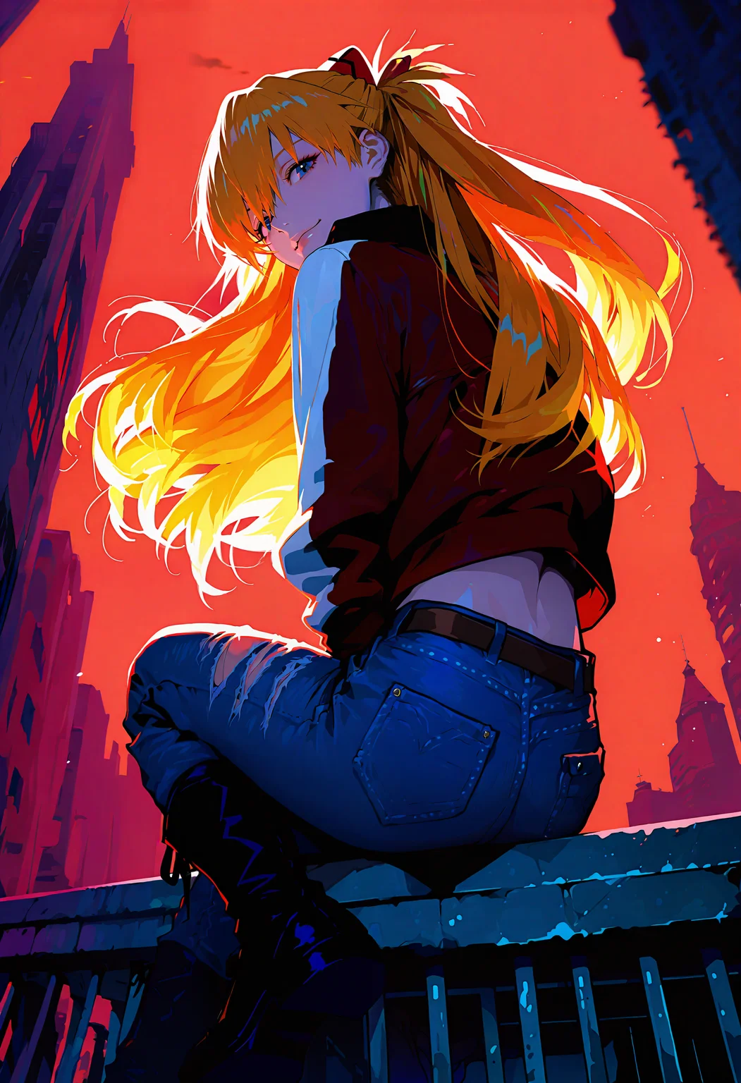 masterpiece, best quality, amazing quality, good quality, very aesthetic, absurdres, highres, by (lifeline \(a384079959\):0.6) , (dsmile:0.6) and (lack:0.6),
break
1girl, Asuka Langley Soryu, neon genesis evangelion, rebuild of evangelion, sitting on the edge of a city rooftop at twilight, overlooking a sprawling cityscape. She wears a red leather jacket, ripped jeans, and combat boots, exuding a rebellious vibe. Her auburn hair flows in the breeze as she leans back with a confident smirk. The city below is bathed in purple and orange hues, with skyscrapers reflecting the fading light. The composition captures her bold personality, framed by the dramatic skyline. from behind, looking back, from below, even framing, fullbody shot, mirrored background, ruffled clothing, looking at viewer. wind effect, floating long hair,
break
High-Definition Anime Character Detailing, Polished Anime Illustration, Japanese Artistic Style with Enhanced Clarity, Anime Ultra HD, Anime Style with Realistic Textures, Crisp Anime Lines, Vivid Anime Colors, Rich Color Palette in Anime, Smooth Shading in Anime Style, Anime with Depth of Field Effect, high contrast, Professional fashion editorial feel, ethereal, highly detailed, ultra detailed, insanely detailed, fine texture, crisp detail, crisp edges, [3d:cel shading:0.6], depth of field, bokeh, <lora:illustrious_all_rated_v1:0.6>, <lora:ponyv5_noobV065S_1_adamW:0.6>, <lora:MeMaXL4:0.6>, <lora:noobai_epred_11_artists_v11:0.6>, <lora:748cmSDXL:0.7>, <lora:spo_sdxl_10ep_4k-data_lora_webui:0.6>,