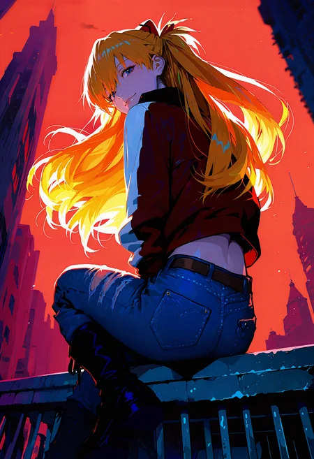 masterpiece, best quality, amazing quality, good quality, very aesthetic, absurdres, highres, by (lifeline \(a384079959\):0.6) , (dsmile:0.6) and (lack:0.6),
break
1girl, Asuka Langley Soryu, neon genesis evangelion, rebuild of evangelion, sitting on the edge of a city rooftop at twilight, overlooking a sprawling cityscape. She wears a red leather jacket, ripped jeans, and combat boots, exuding a rebellious vibe. Her auburn hair flows in the breeze as she leans back with a confident smirk. The city below is bathed in purple and orange hues, with skyscrapers reflecting the fading light. The composition captures her bold personality, framed by the dramatic skyline. from behind, looking back, from below, even framing, fullbody shot, mirrored background, ruffled clothing, looking at viewer. wind effect, floating long hair,
break
High-Definition Anime Character Detailing, Polished Anime Illustration, Japanese Artistic Style with Enhanced Clarity, Anime Ultra HD, Anime Style with Realistic Textures, Crisp Anime Lines, Vivid Anime Colors, Rich Color Palette in Anime, Smooth Shading in Anime Style, Anime with Depth of Field Effect, high contrast, Professional fashion editorial feel, ethereal, highly detailed, ultra detailed, insanely detailed, fine texture, crisp detail, crisp edges, [3d:cel shading:0.6], depth of field, bokeh, <lora:illustrious_all_rated_v1:0.6>, <lora:ponyv5_noobV065S_1_adamW:0.6>, <lora:MeMaXL4:0.6>, <lora:noobai_epred_11_artists_v11:0.6>, <lora:748cmSDXL:0.7>, <lora:spo_sdxl_10ep_4k-data_lora_webui:0.6>,