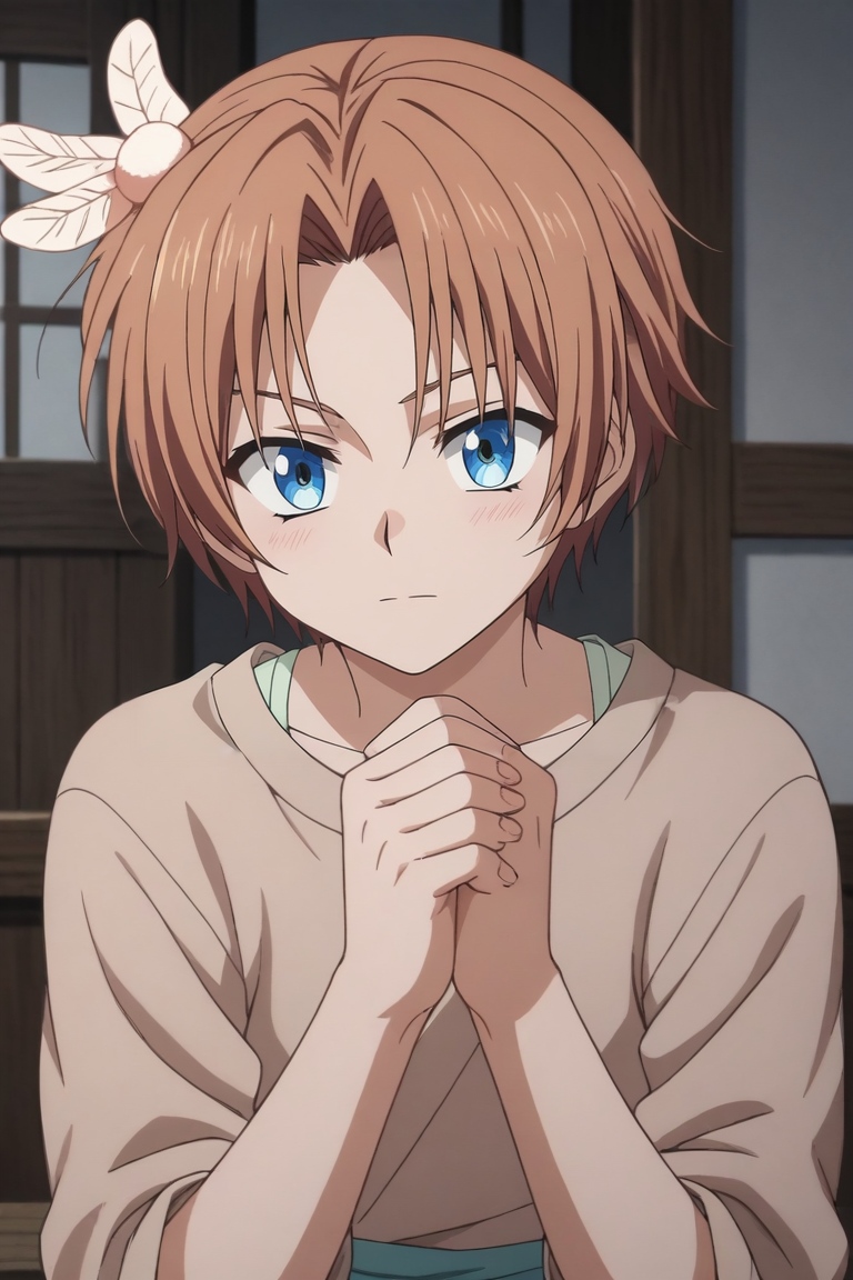 score_9, score_8_up, score_7_up, source_anime, rating_safe, , anime screencap, , , , , 1boy, solo, male focus, <lora:yun_akatsuki_no_yona_pony:0.86>, yun_akatsuki_no_yona, brown hair, blue eyes, short hair, bangs, parted bangs, hair ornament, feathers, asymmetrical, armory, indoors, own hands together, :D, , <lora:sdxl_lightning_8step_lora:1>