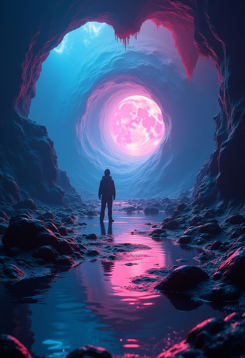 abyssopelagic heretic, sinister sly smile bubble escapade, doomed user, glitch art in oceanic 3d technicolor