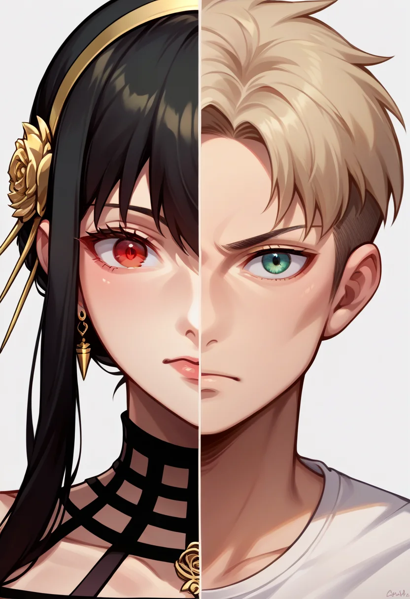 score_9, score_8_up, source_anime, <lora:Splitscreen_XLPD:0.6>, upper body, split screen, splitscreen,
BREAK yor briar, red eyes, black dress,
BREAK twilight \(spy x family\), 1boy,
