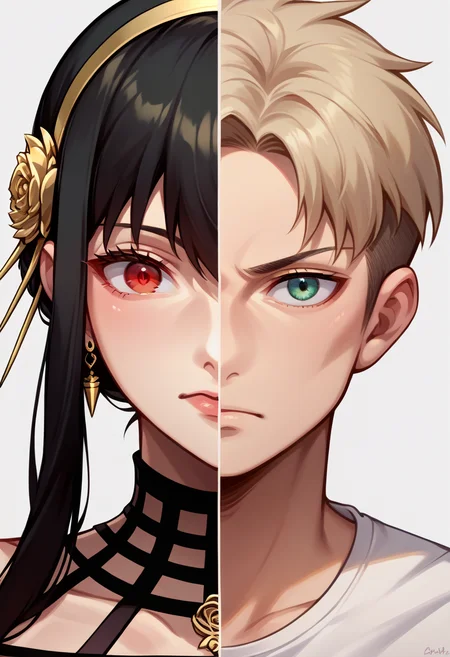 score_9, score_8_up, source_anime, <lora:Splitscreen_XLPD:0.6>, upper body, split screen, splitscreen,
BREAK yor briar, red eyes, black dress,
BREAK twilight \(spy x family\), 1boy,