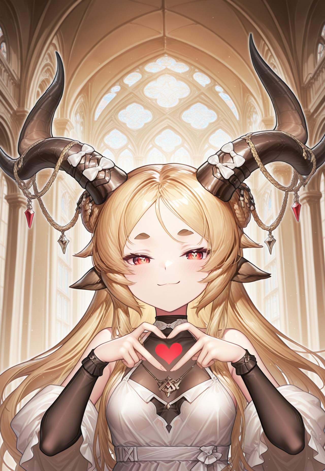 masterpiece,best quality,highres,extreme detail,detailed,ultra detailed,2D,cute,drawn,rich colors,volumetric lighting,good quality, very aesthetic, absurdres,source anime, 4k, HD, newest,nsfw,deep contrast, ambient occlusion, raytracing, soft lighting, blum effect, absolutely eye-catching, highly detailed,(beautiful eyes,detailed eyes,detailed pupils:1.2),perfect body,perfect face,perfect eyes,BREAK 1girl,goat ears,echocalypse,blonde hair,long hair,red eyes,white sclera,thick eyebrows ,curled horns,horns,horn bow,horn ornament,white dress,black undershirt,baphomet,facing viewer,looking at viewer,smug,heart hands,upper body portrait,indoors,cathedral,day