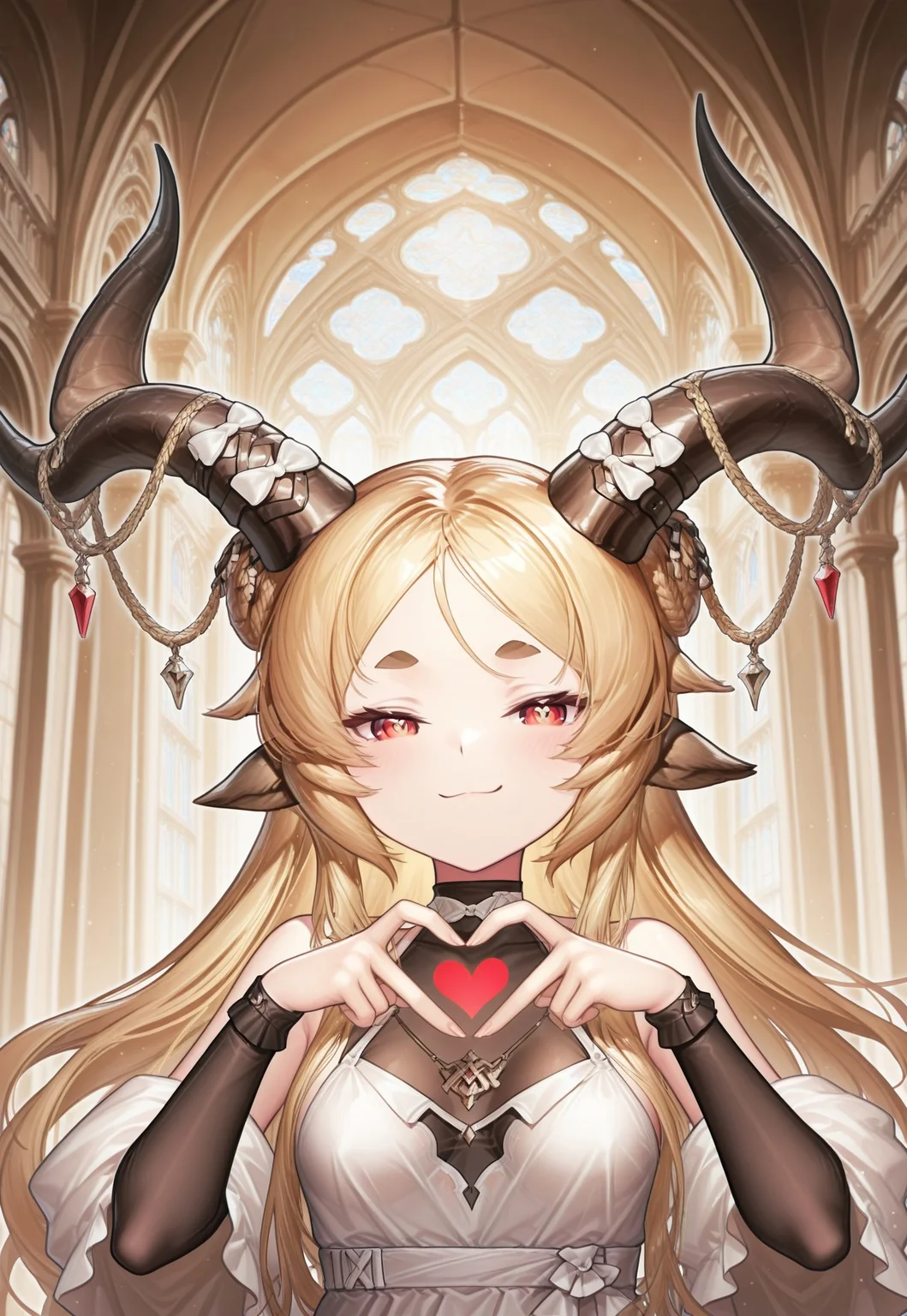 masterpiece,best quality,highres,extreme detail,detailed,ultra detailed,2D,cute,drawn,rich colors,volumetric lighting,good quality, very aesthetic, absurdres,source anime, 4k, HD, newest,nsfw,deep contrast, ambient occlusion, raytracing, soft lighting, blum effect, absolutely eye-catching, highly detailed,(beautiful eyes,detailed eyes,detailed pupils:1.2),perfect body,perfect face,perfect eyes,BREAK 1girl,goat ears,echocalypse,blonde hair,long hair,red eyes,white sclera,thick eyebrows ,curled horns,horns,horn bow,horn ornament,white dress,black undershirt,baphomet,facing viewer,looking at viewer,smug,heart hands,upper body portrait,indoors,cathedral,day