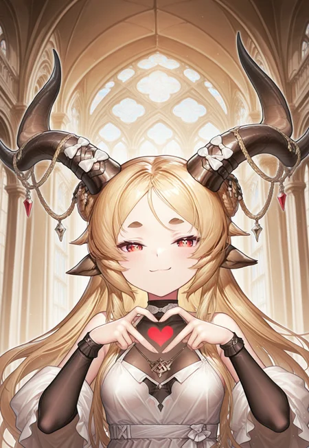 masterpiece,best quality,highres,extreme detail,detailed,ultra detailed,2D,cute,drawn,rich colors,volumetric lighting,good quality, very aesthetic, absurdres,source anime, 4k, HD, newest,nsfw,deep contrast, ambient occlusion, raytracing, soft lighting, blum effect, absolutely eye-catching, highly detailed,(beautiful eyes,detailed eyes,detailed pupils:1.2),perfect body,perfect face,perfect eyes,BREAK 1girl,goat ears,echocalypse,blonde hair,long hair,red eyes,white sclera,thick eyebrows ,curled horns,horns,horn bow,horn ornament,white dress,black undershirt,baphomet,facing viewer,looking at viewer,smug,heart hands,upper body portrait,indoors,cathedral,day