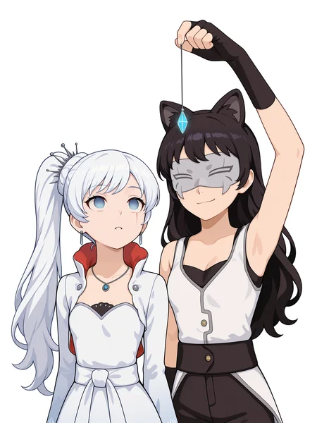 masterpiece, best quality, amazing quality, very aesthetic, absurdres, newest, 2girls, standing,
weiss schnee \(rwby\), blake belladonna, \(rwby\),
upper body, smile, small breasts, holding, mind control, blue gem,
<lora:Crystal-on-String-ILL_Kirill782_v2:1>, crystal on string, arm up,
BREAK
weiss_schnee, long hair, ponytail, white hair, blue eyes, scar across eye, earrings, jewelry, necklace, weissdef, long sleeves, cropped jacket, high collar, white dress,
hands behind back, standing in front, (standing from behind:1.3),
looking up, mind control, crystal on string, looking at gem,
<lora:Weiss-Schnee-Rwby-ILL_Lisette_v1:1>
BREAK
blake belladonna, \(rwby\), black hair, cleavage, medium breasts, cat ears, long hair,
WF_RWBY, mask, white jacket, white sleeveless jacket, black pants, black fingerless gloves,
arm up, (blake belladonna-arm-above-head),
<lora:White-Fang-Uniform-RWBY-ILL_JGCC1990_v1:1>