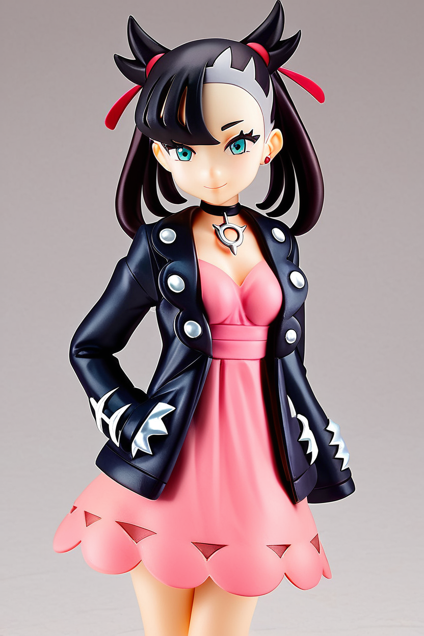 score_9, score_8_up, score_8, medium breasts, cute, eyelashes,    figure,  marnie \(pokemon\), aqua eyes, black choker, red ribbon, pink dress, jewelry, black jacket, open clothes, long sleeves, solo, smiling, looking at viewer, cowboy shot, ,  <lora:Anime_Figure_P1:1>,