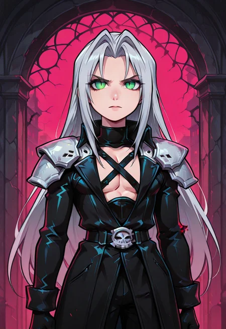 score_9,score_8_up,score_7_up,score_6_up, masterpiece, best quality, very aesthetic, 2d, ((thick lines)), vibrant saturated colors,
volumetric lighting, cinematic lighting, moody lighting, dramatic shadows,
detailed background,
BREAK sephiroth, official outfit grey hair, long hair, very long hair, parted bangs, armor, open clothes, shoulder armor, long sleeves, pectorals, black jacket, jacket, black gloves, high collar, long bangs, black coat, green eyes, slit pupils, gothic noir background
