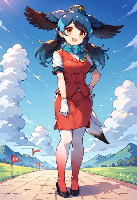 1girl, ((solo)), best quality, ultra-detailed, extremely detailed, perfect anatomy, masterpiece, score_9, score_8_up, score_7_up, Expressiveh, passenger pigeon (kemono friends), multicolored hair, blue hair, black hair, head wings, bird tail, bangs, orange eyes, long hair, twintails, red vest, white shirt, short sleeves, white gloves, red skirt, gradient skirt, hat, garrison cap, gradient legwear, pantyhose, scarf, pencil skirt, blue bowtie, black heels, standing, smiling, happy, staring at viewer, blue skies background, clouds, open mouth smile, dutch angle, closeup,