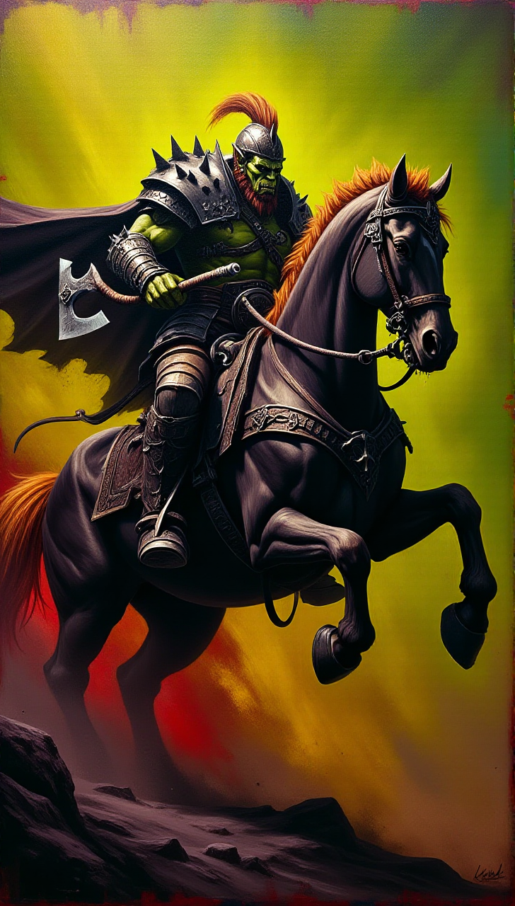 The popular science retro style. A bright, dramatic fantasy painting, probably created with oil paints on canvas. The painting depicts a muscular orc warrior in a helmet riding a mighty, rearing horse. The warrior, dressed in dark, form-fitting armor, wears a large conical helmet decorated with spikes and a flowing cloak. In one hand he holds a large double-edged axe, ready for battle. A horse in the same armor, of a dense, muscular build, the background is a swirling mixture of earthy tones and mustard-green shades, giving the impression of a chaotic landscape resembling a battlefield. The horse's hooves hover in the air, creating a dynamic moment of movement. The overall color palette is dominated by shades of green, brown and gold, while red and purple shades add depth and saturation to the scene. The brush strokes are dense and textured, emphasizing the roughness and intensity of the action. The image conveys a sense of power, danger and epic fantasy, <lora:g7a6le5k:0.6>, g7a6le5k, <lora:Dever_Flux_Enhancer:0.5>