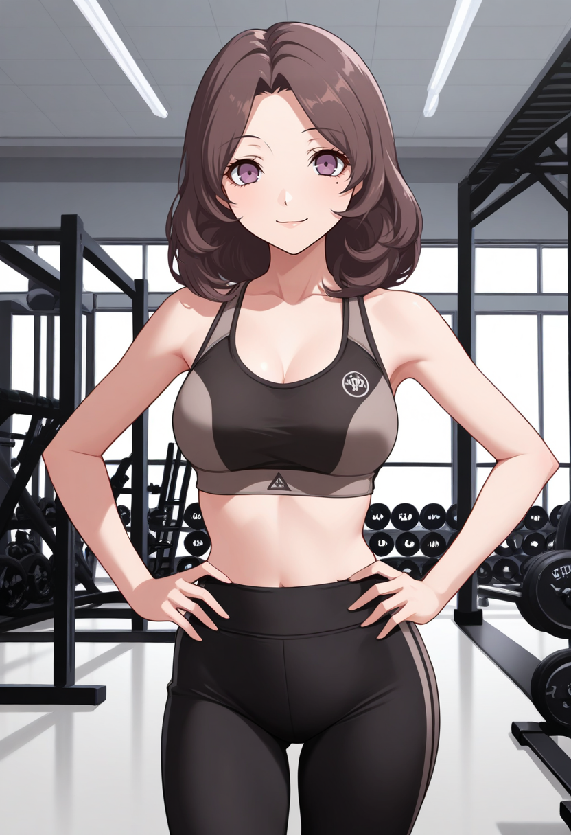 masterpiece, best quality, 1girl, solo, looking at viewer, cowboy shot, smile, gym, hands on hips
brown sports bra, black yoga pants
 <lora:zs_SaoriILLU:1> sa0r1p3, brown hair, medium hair, mole under eye, purple eyes, makeup,
