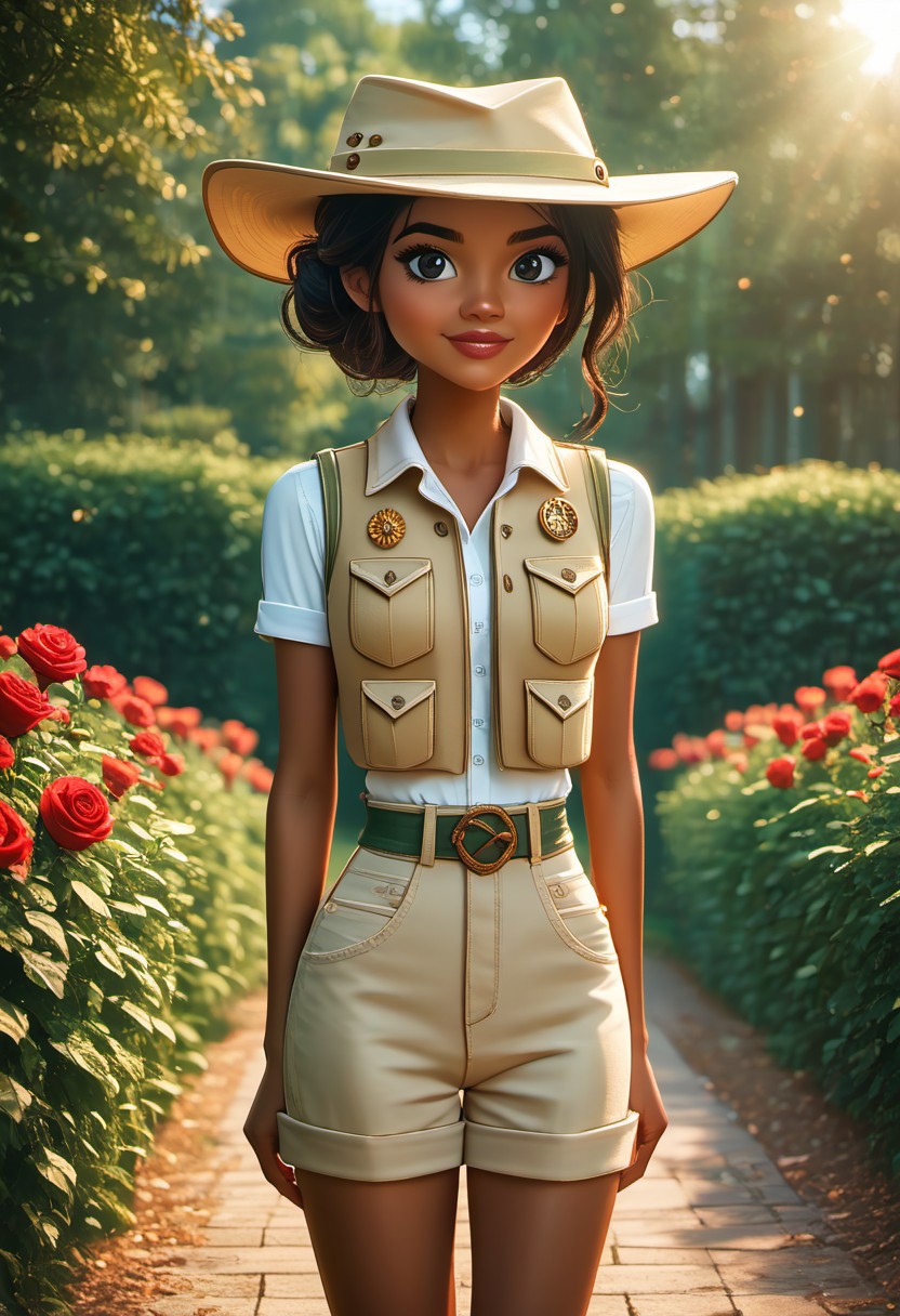 (masterpiece:1.5), (score_9), auto1111, ultra-detailed, (high res), cinematic lighting, beautiful lighting, smooth lighting, (detailed background), ponypositive, 1woman, solo, solo focus, ((cowboy shot)), looking at viewer, (narrow waist, skinny, slender body, slim), (outdoors, floral garden, roses, day), (anime eyes), bright lighting, daylight, sunshine, cute, kawaii, (closed mouth), happy, ((standing)), alone, (hands at sides), (perfect hands, beautiful hands), perfect anatomy, cinematic style, cinematic quality, precise, prevision, colorful, striking visuals, sharp focus, light reflection, small body, zPDXL3, SmoothQualityPony, 3D Fairytales, JasmineTDPI, dark skinned female, safari outfit, beige hat, khaki vest, beige shorts, back hair, dark green hiking boots, white socks, black eyes, lips,