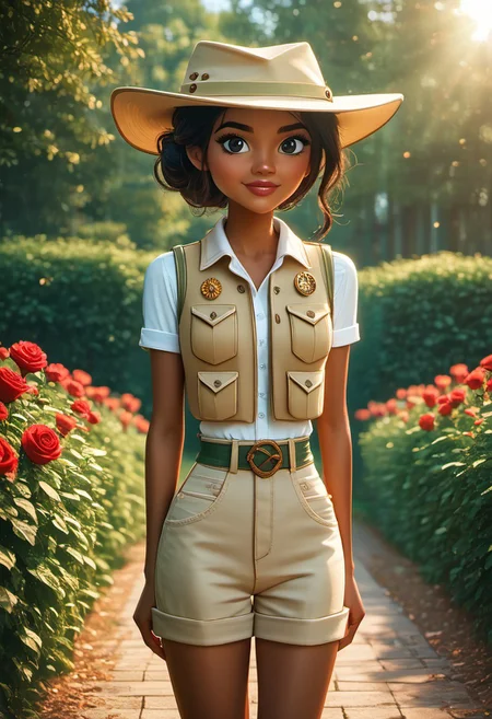 (masterpiece:1.5), (score_9), auto1111, ultra-detailed, (high res), cinematic lighting, beautiful lighting, smooth lighting, (detailed background), ponypositive, 1woman, solo, solo focus, ((cowboy shot)), looking at viewer, (narrow waist, skinny, slender body, slim), (outdoors, floral garden, roses, day), (anime eyes), bright lighting, daylight, sunshine, cute, kawaii, (closed mouth), happy, ((standing)), alone, (hands at sides), (perfect hands, beautiful hands), perfect anatomy, cinematic style, cinematic quality, precise, prevision, colorful, striking visuals, sharp focus, light reflection, small body, zPDXL3, SmoothQualityPony, 3D Fairytales, JasmineTDPI, dark skinned female, safari outfit, beige hat, khaki vest, beige shorts, back hair, dark green hiking boots, white socks, black eyes, lips,