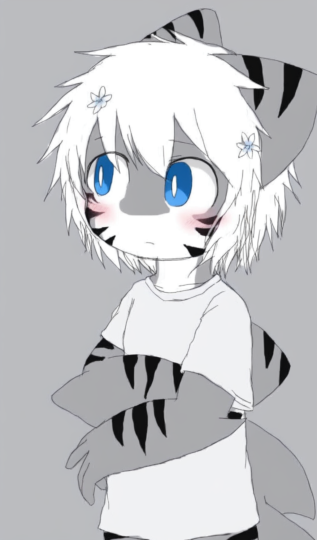 <lora:Shark_Changed:1>, Shark_Changed, Tiger shark, pale cornflower blue eyes, short white hair, in a very large white T-shirt, standing, looks into the distance,
