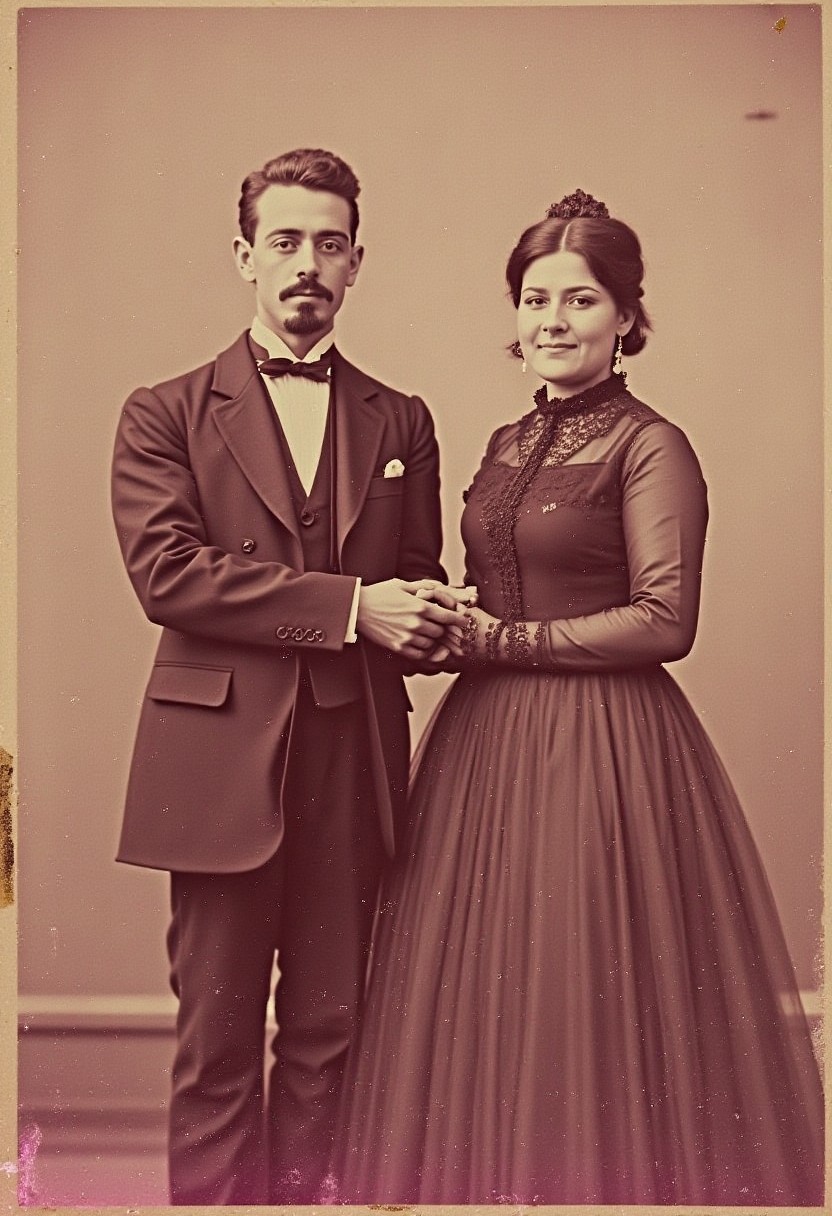 a worn out couples photograph from 1897, sepia with a pink hue, good condition. the man and woman wearing Victorian clothing, holding hands smiling with a subtle gothic tone