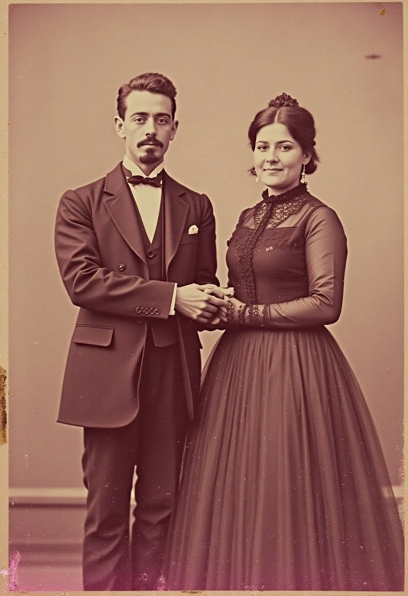 a worn out couples photograph from 1897, sepia with a pink hue, good condition. the man and woman wearing Victorian clothing, holding hands smiling with a subtle gothic tone