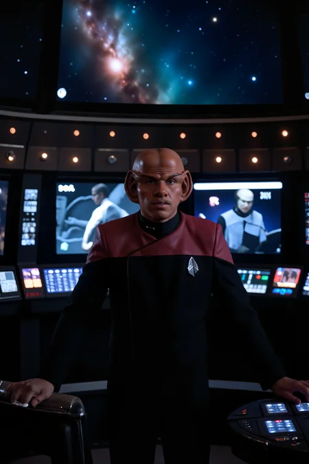 A high-resolution photo of a futuristic starship bridge, bathed in soft, ambient light from the shipâs control panels and displays. At the center of the scene, the captain, ferengi man dressed in a striking black PCD uniform with red shoulders, stands confidently at the command station. The uniformâs sleek design and distinctive red hue contrast sharply with the cool, metallic tones of the bridgeâs advanced technology. Behind the captain, large windows reveal a breathtaking view of distant galaxies and vibrant nebulae. The bridge is filled with an array of holographic interfaces and glowing control consoles, creating a high-tech, immersive environment. The captainâs posture and focused expression exude leadership and resolve, perfectly capturing the essence of futuristic command.<lora:midjourney_whisper_flux_lora_v01:0.55><lora:aidmaMJ6.1-FLUX-V0.1:0.4><lora:FluxMythP0rtr4itStyle:0.4><lora:detailed_flux_ntc:2.2><lora:aidmaImageUpgrader-FLUX-V0.1:0.65><lora:PCD_FLUX:1.1><lora:ferengiV1_FLUX>