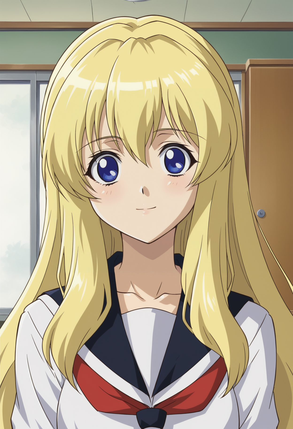 <lora:Lisa_Fukuyama-Girls_Bravo:0.8>,1girl,solo,Lisa Fukuyama,long hair,blonde hair,blue eyes,anime coloring,school uniform,serafuku,upper body, smile,indoors,looking at viewer,