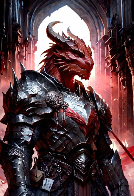 score_9, score_8_up, 8, score_7_up, score_6_up, solo, massive dragonborn with strong armor, red scale dragonborn, in the cathedral , dutch angle, scale mail armor, 40 year old, FFAOR,