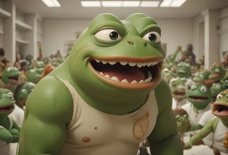 cinematic, sense of scale, 1 large stoned pepe_frog+chonkasaurus,, (10chonkasaurus+pepe_frog crowd), white room, <lora:chonkasaurus-000003:1>