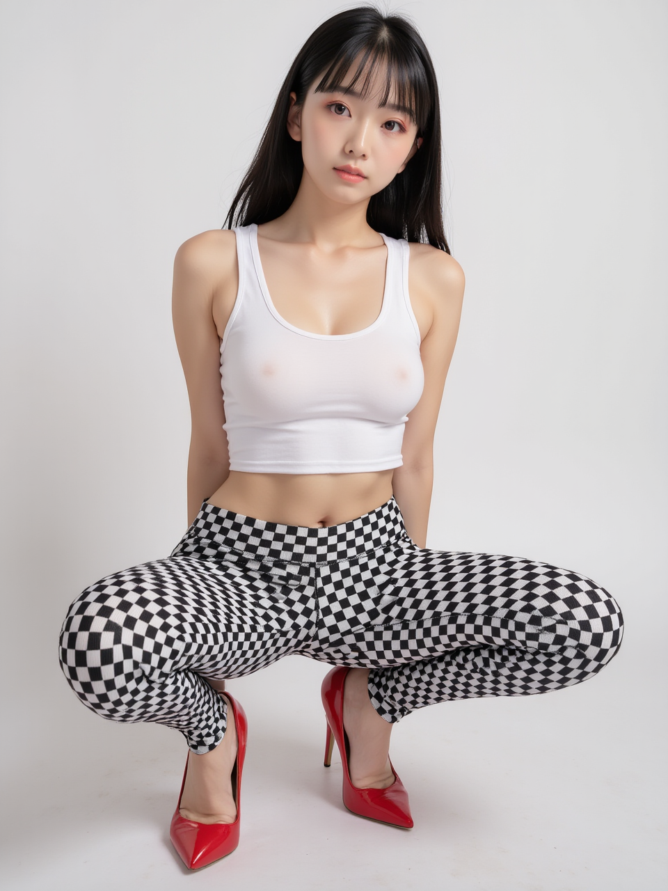 a photo of a beautiflu woman,check print leggings,
an asian woman squat and spread legs pose,hands and arms behind hips,front camera,sexy pose,realistic,amazing photo,cinematic lighting,check print leggings,white tank top,red high heels shoes,
facing viewer,looking at viewer,<lora:flux-check-print-leggings:1>,<lora:flux-nacha:1>,