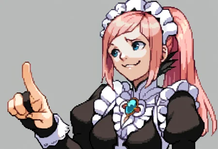 score_9, score_8_up, score_7_up, source_anime, BREAK, solo, 1girl, smirk, looking to the side, <lora:Ace-Attorney-Portraits-pdxl_Fp:1>, portrait, pixel art, simple background, upper body, <lora:felicia-fe-richy-v2_pdxl:0.8>, flcdf, blue eyes, pink hair, long hair, ponytail, maid headdress, black feathered collar, blue brooch, breasts, maid, juliet sleeves, maid apron, bridal gauntlets, pointing,