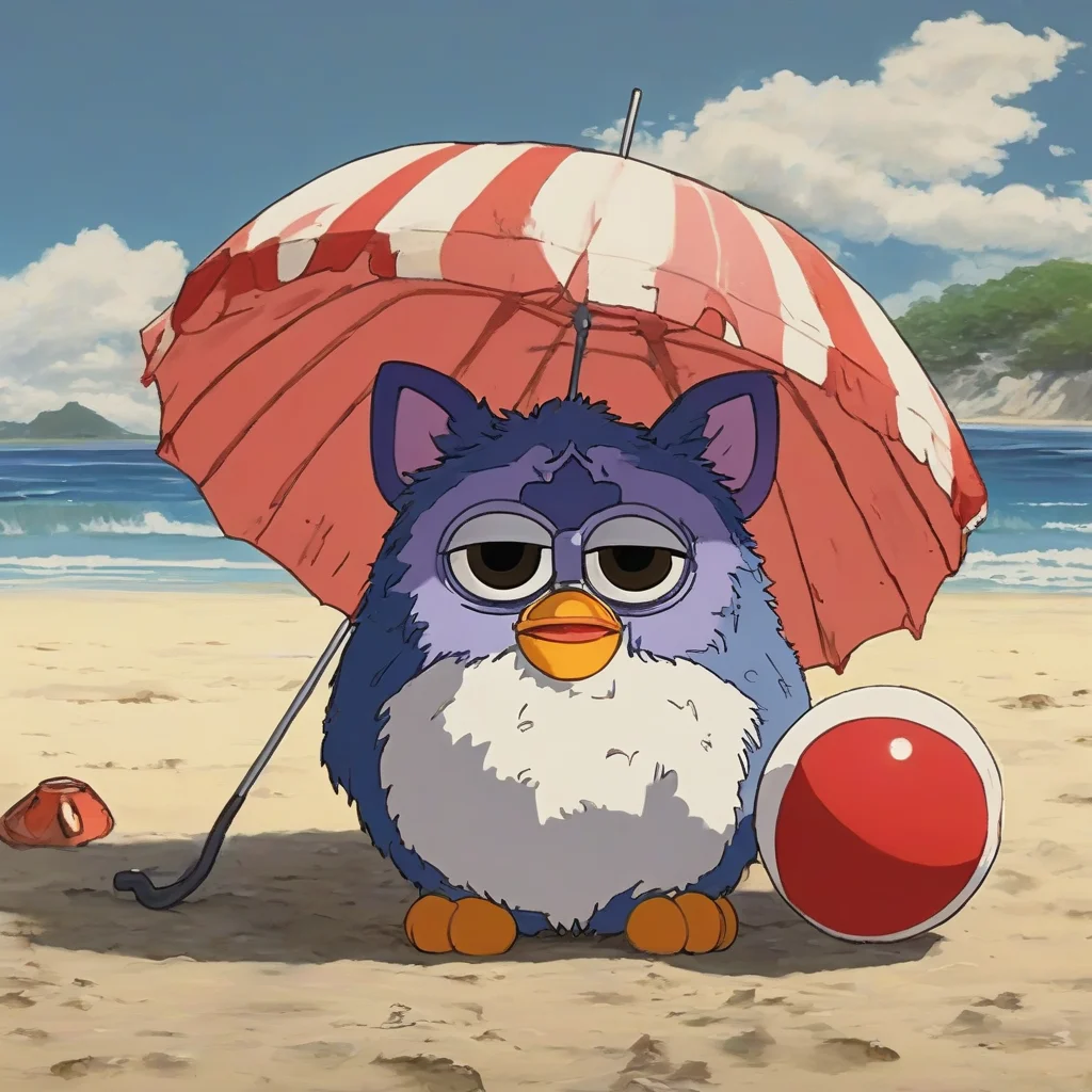 a furby toy in Hayao Miyazaki style as a fury is at.the beach, umbrella, beach ball ,towel anime style, very fat, cute, good contrast, concept art, high detail, ((((anime by Hayao Miyazaki))))<lora:A Furby Toy-000009:.5>
