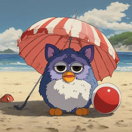 a furby toy in Hayao Miyazaki style as a fury is at.the beach, umbrella, beach ball ,towel anime style, very fat, cute, good contrast, concept art, high detail, ((((anime by Hayao Miyazaki))))<lora:A Furby Toy-000009:.5>