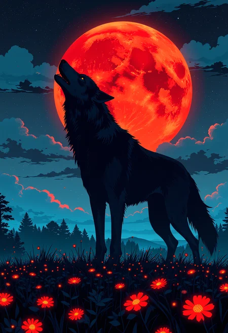 A silhouette of a giant werewolf howling in an open plain, a glowing red moon behind him, subtly glowing flowers on the grass