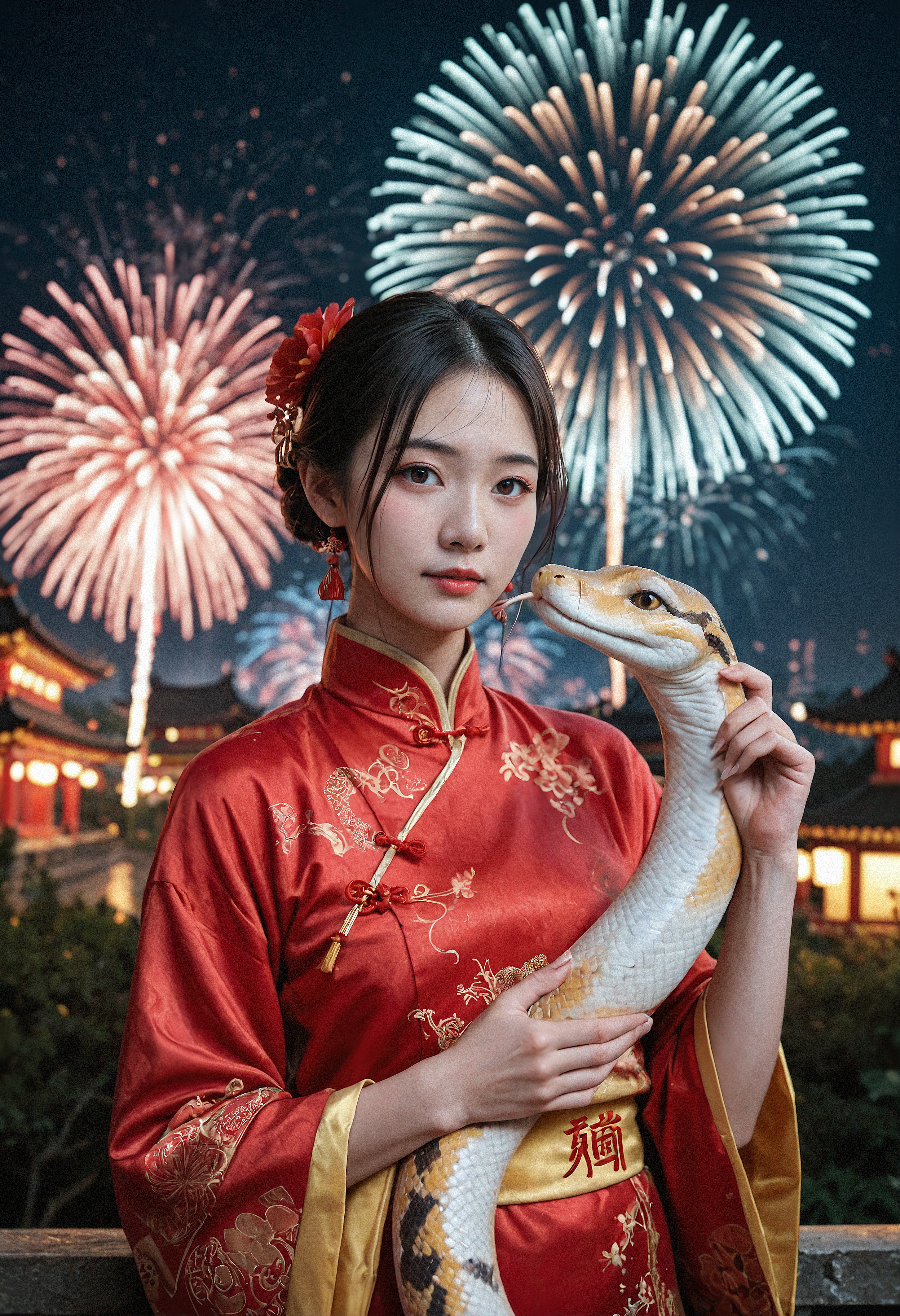 score_9, score_8_up, score_7_up, realistic, 1girl, chinese, holding snake, large snake, snake focus, chinese new year, fireworks,