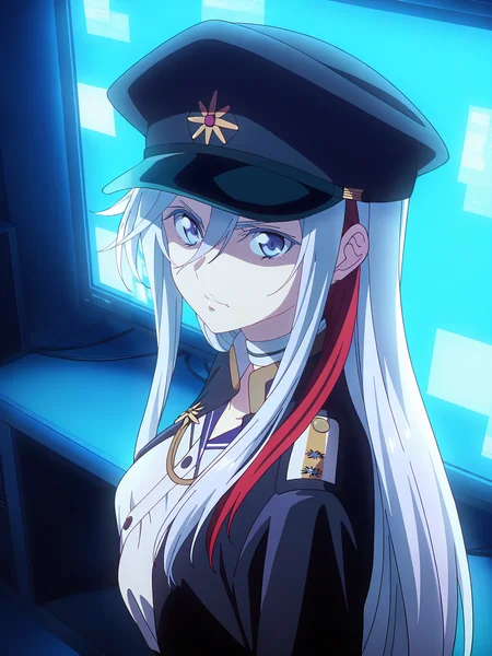 <lora:Vladilena_Milizé:0.8>, vladilena millize, 1girl, solo, blue eyes, long silver hair, red streaks, military hat, military uniform, gold trim, white shirt, white choker, serious, closed mouth, standing, arms at sides, turning head, looking at viewer, portrait, from above, indoors, monitor, dark, screen light