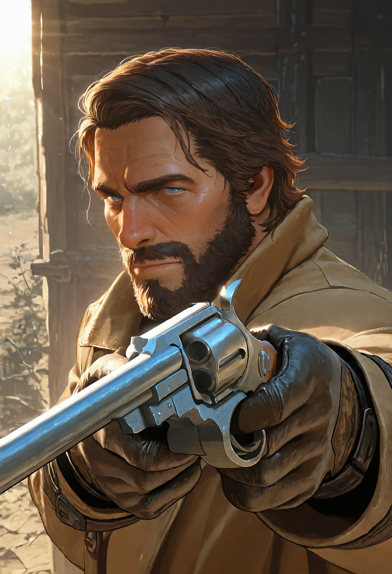 1boy, rdr2arthurm0rgan, mature male, messy medium brown hair, blue eyes, scruffy beard, aiming revolver, trench coat, leather gloves, gunfight pose, western town, sunlight, close up, 

masterpiece, best quality, absurdres, newest, perfect quality, detailed background, intricate details, great lighting